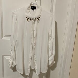 Iz Byer White Button Down with Gold Studded Collar